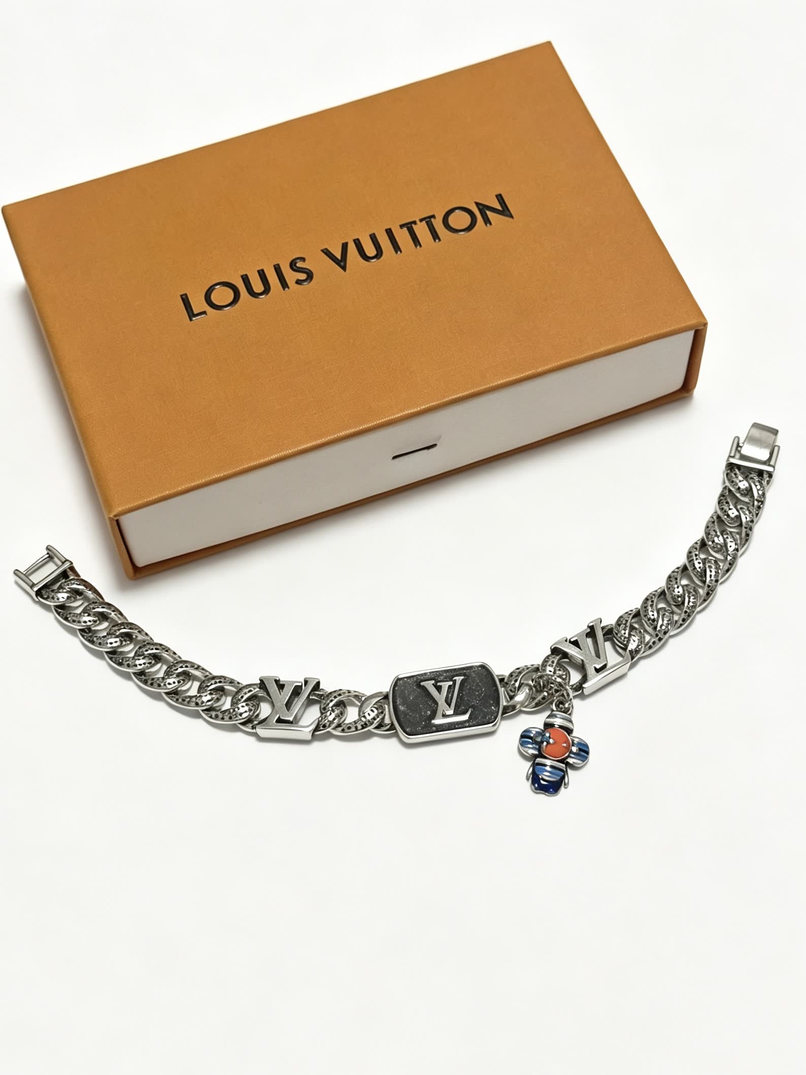 Louis Vuitton Silver Bracelet with Monogram Charms